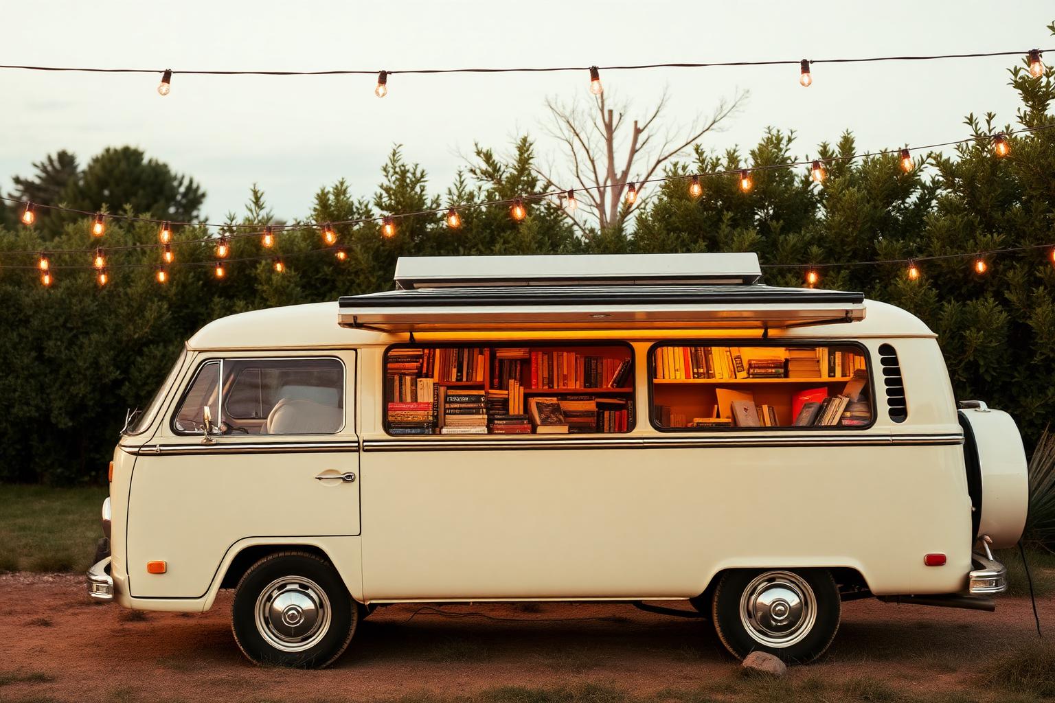 Books on Wheels mobile bookstore at golden hour
